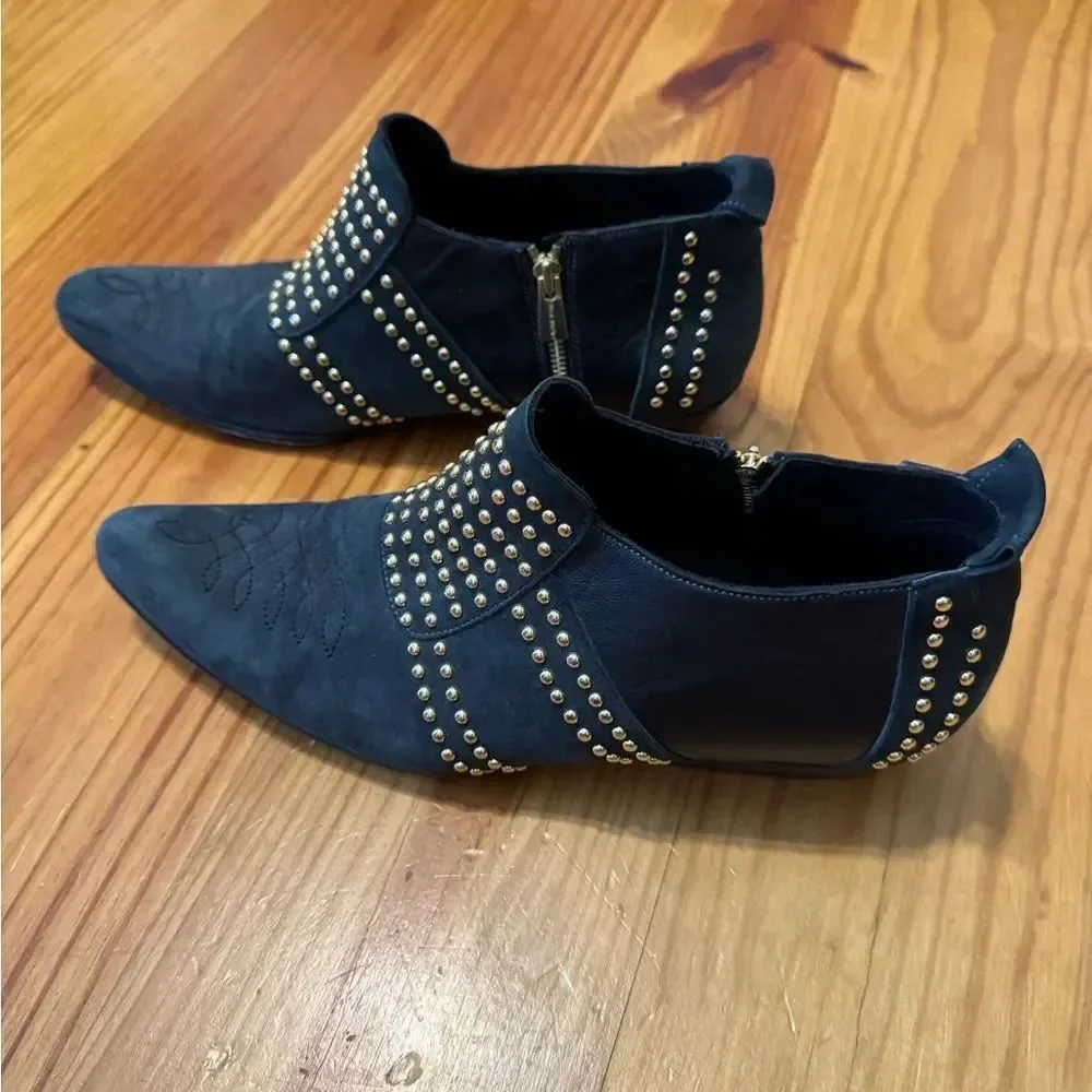 ANINE BING Charlie Low Ankle Boots SZ 38/7 Black Suede Gold Stud Embellishments